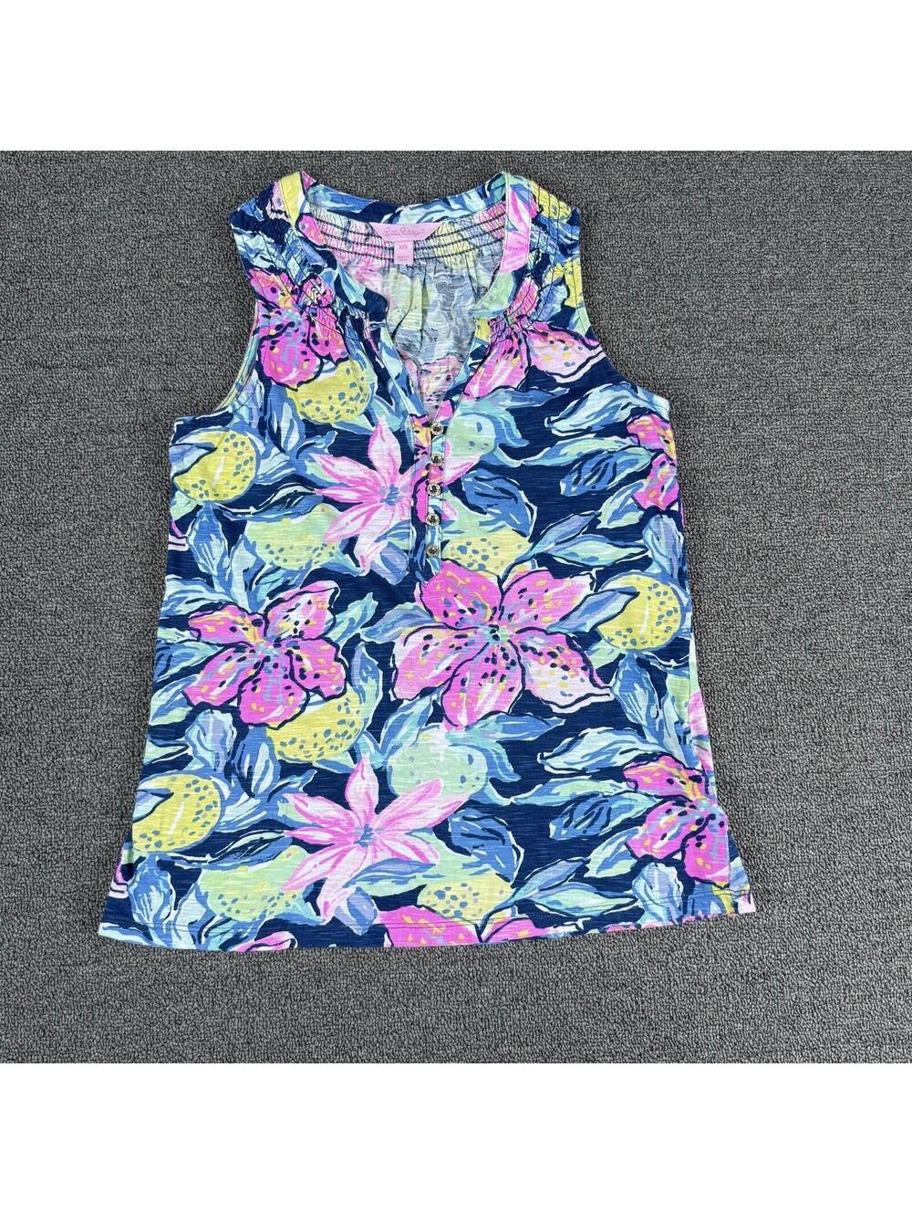 Lilly Pulitzer Essie Tank Tunic Top Smocked Floral Printed Cotton Womens XXS